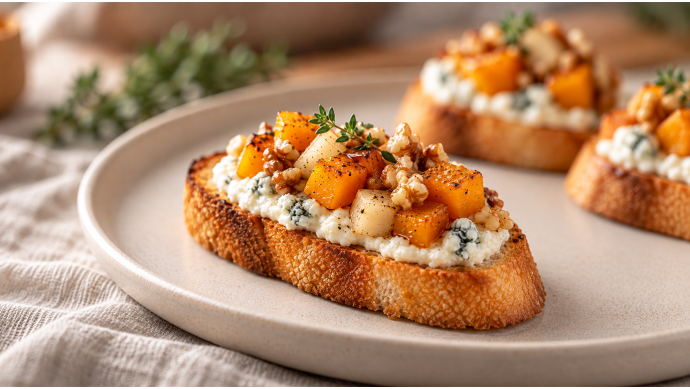 Butternut Squash, Pear, and Walnut Crostini with Blue Cheese Whipped Ricotta