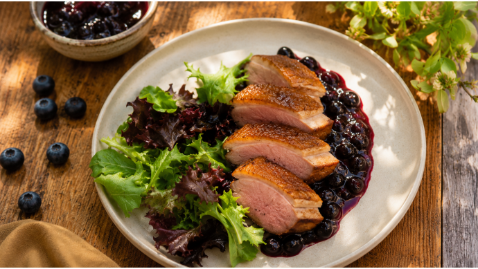 Wild Ginger and Blueberry Glazed Crispy Duck Breast