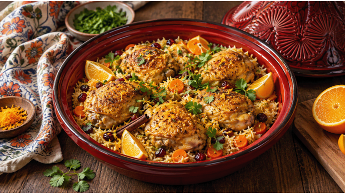 Braised Chicken and Rice with Cardamom, Cranberry, and Orange