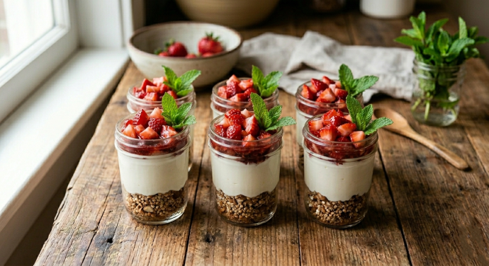Strawberry Coconut Cream Pots with Mint and Black Pepper