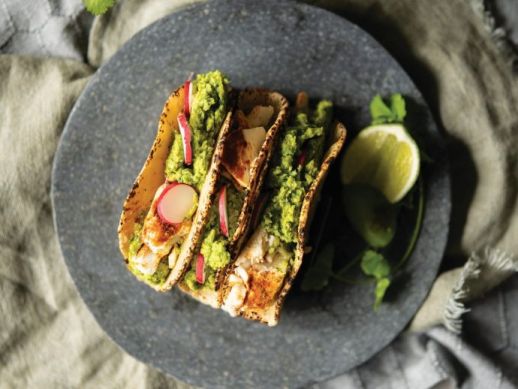 Halibut Tacos with Spicy Cilantro Pea Purée