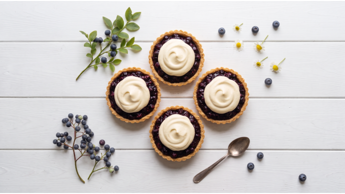 Wild Blueberry and Saskatoon Berry Honeycomb Tarts with Chamomile Mascarpone Cream