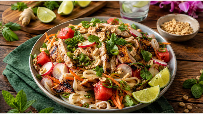 Thai Inspired Chicken Noodle Watermelon Salad