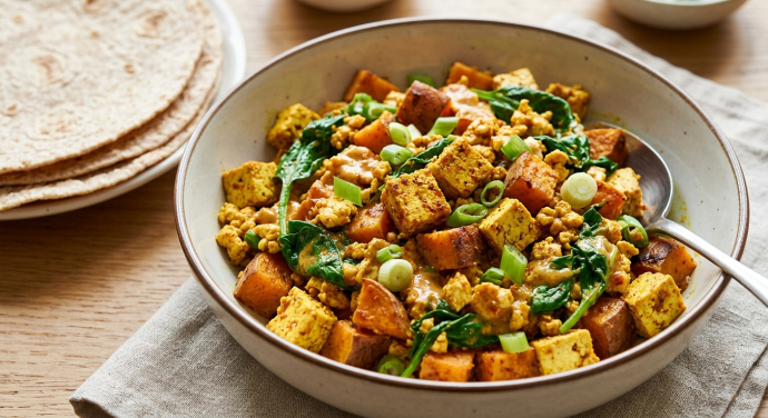 Spicy Tofu Scramble with Spinach and Sweet Potato