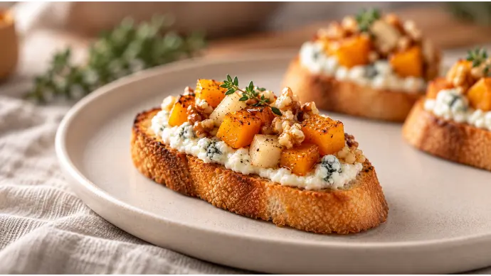 Butternut Squash, Pear, and Walnut Crostini with Blue Cheese Whipped Ricotta