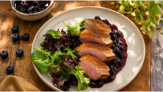 Wild Ginger and Blueberry Glazed Crispy Duck Breast