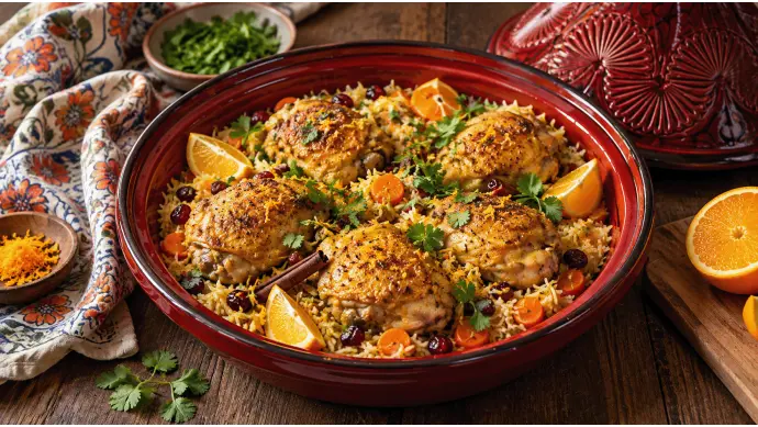 Braised Chicken and Rice with Cardamom, Cranberry, and Orange