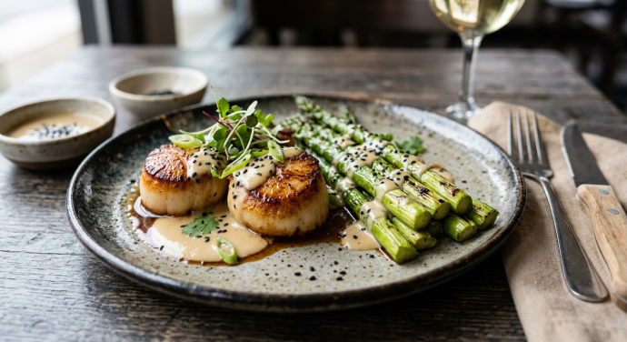Seared Scallops with Soy and Ginger Marinated Grilled Asparagus