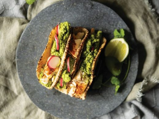 Halibut Tacos with Spicy Cilantro Pea Purée