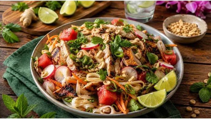 Thai Inspired Chicken Noodle Watermelon Salad