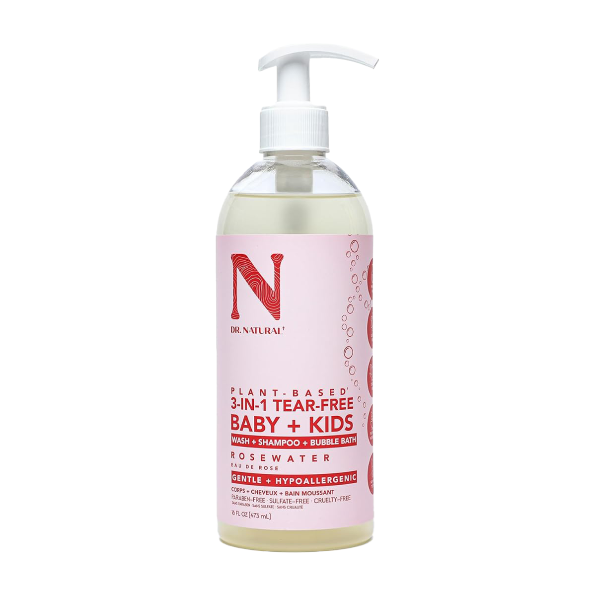 Dr Natural | Plant Based 3-In-1 Tear-Free Baby & Kids Rosewater Wash, Shampoo & Bubble Bath