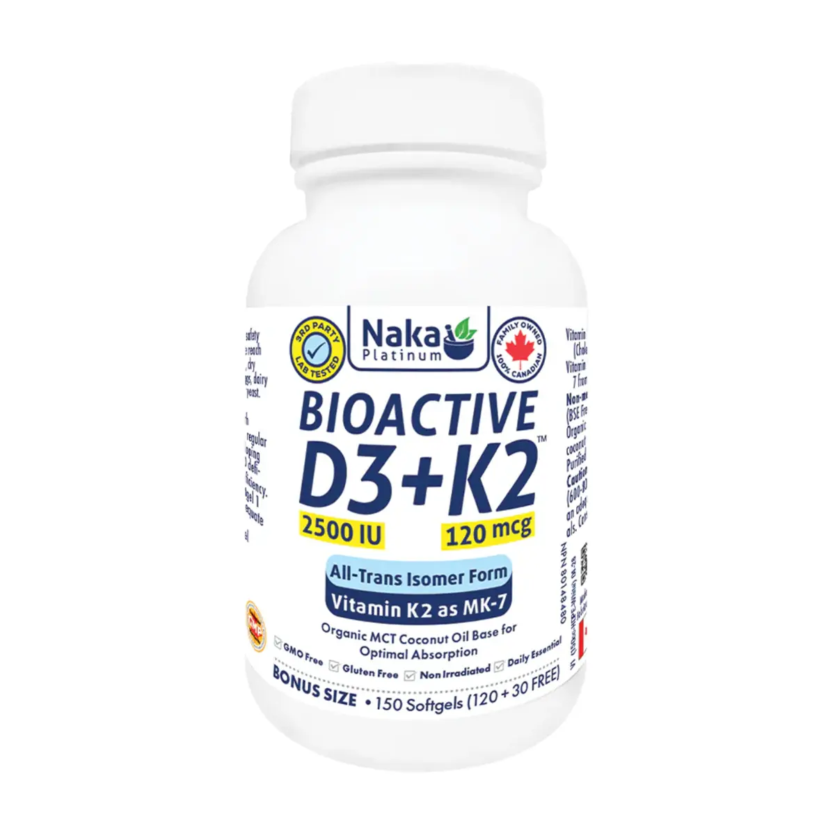 Naka Platinum | BioActive D3(2500IU)+K2(120mcg) Softgels